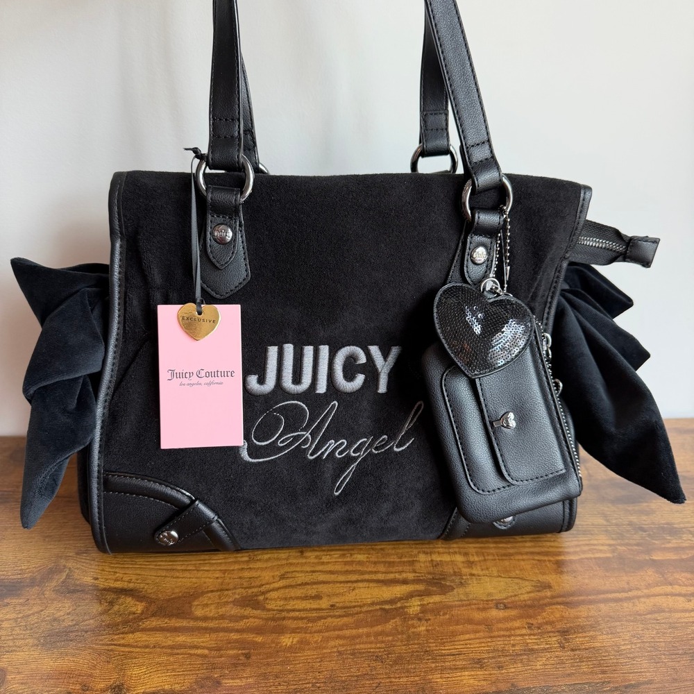 New Juicy Couture Juicy Angel Black Tote Shoulder Handbag Y2K Bows Cute Gothic